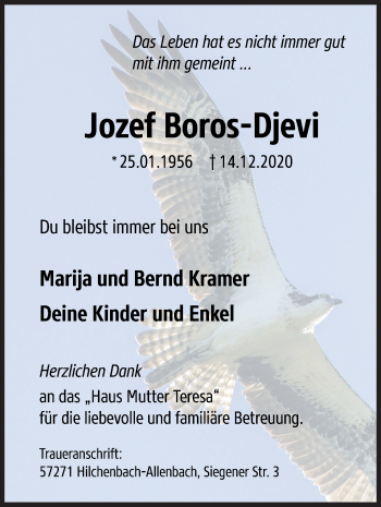 Traueranzeige von Jozef Boros-Djevi von Siegener Zeitung