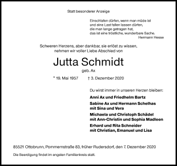 Traueranzeige von Jutta Schmidt von Siegener Zeitung