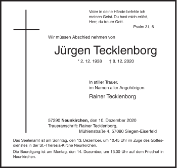 Traueranzeige von Jürgen Tecklenborg von Siegener Zeitung