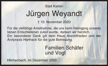 Traueranzeige von Jürgen Weyandt von Siegener Zeitung