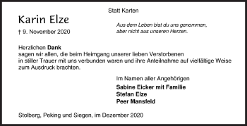 Traueranzeige von Karin Elze von Siegener Zeitung