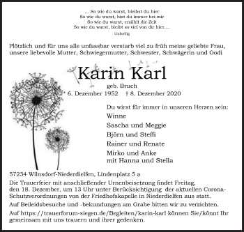 Traueranzeige von Karin Karl von Siegener Zeitung