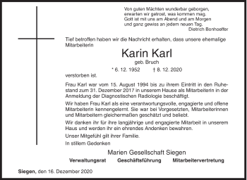 Traueranzeige von Karin Karl von Siegener Zeitung