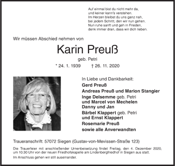 Traueranzeige von Karin Preuß von Siegener Zeitung