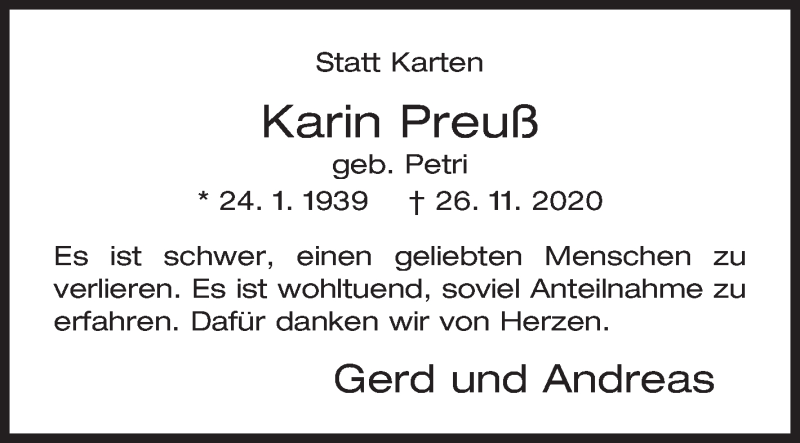  Traueranzeige für Karin Preuß vom 30.12.2020 aus Siegener Zeitung