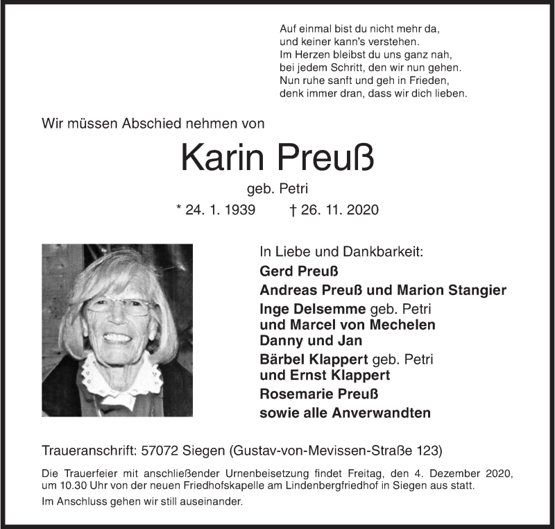  Traueranzeige für Karin Preuß vom 02.12.2020 aus Siegener Zeitung