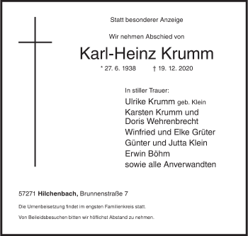 Traueranzeige von Karl-Heinz Krumm von Siegener Zeitung