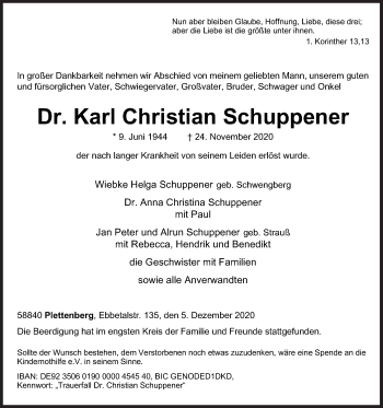 Traueranzeige von Karl Christian Schuppener von Siegener Zeitung