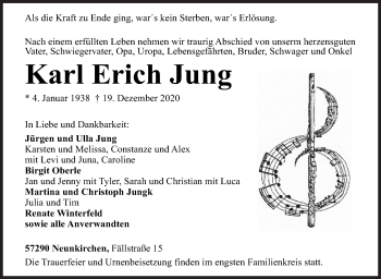 Traueranzeige von Karl Erich Jung von Siegener Zeitung