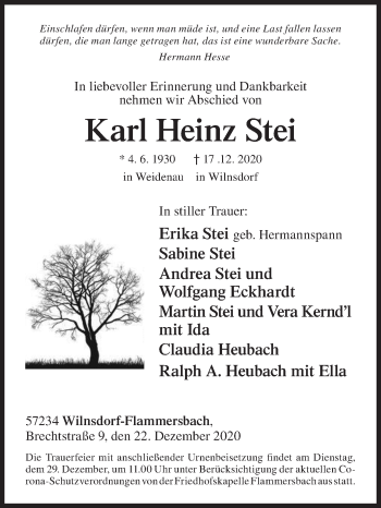 Traueranzeige von Karl Heinz Stei von Siegener Zeitung