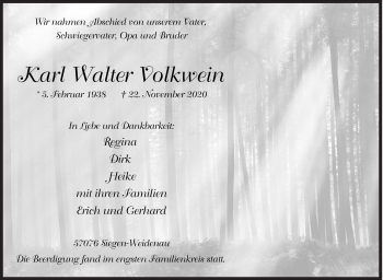 Traueranzeige von Karl Walter Volkwein von Siegener Zeitung