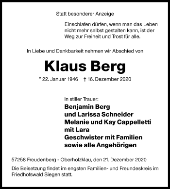 Traueranzeige von Klaus Berg von Siegener Zeitung