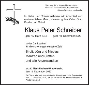 Traueranzeige von Klaus Peter Schreiber von Siegener Zeitung
