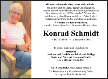 Traueranzeige von Konrad Schmidt von Siegener Zeitung