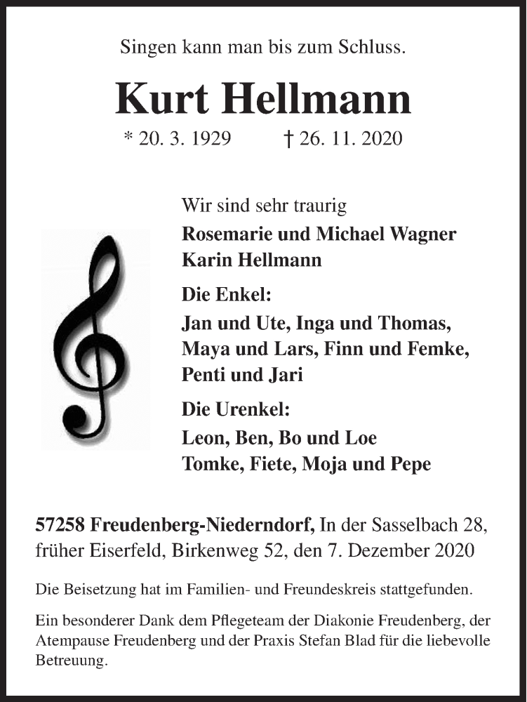  Traueranzeige für Kurt Hellmann vom 07.12.2020 aus Siegener Zeitung