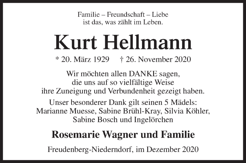  Traueranzeige für Kurt Hellmann vom 28.12.2020 aus Siegener Zeitung
