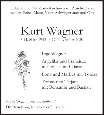 Traueranzeige von Kurt Wagner von Siegener Zeitung
