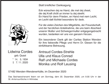 Traueranzeige von Lidwina Cordes von Siegener Zeitung