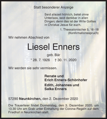 Traueranzeige von Liesel Enners von Siegener Zeitung