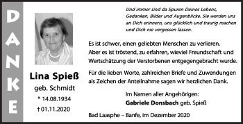 Traueranzeige von Lina Spieß von Siegener Zeitung