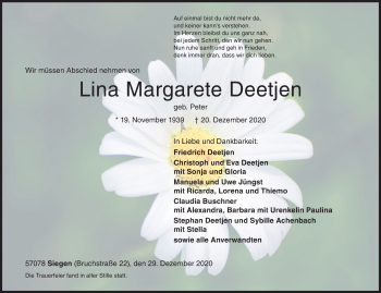 Traueranzeige von Lina Margarete Deetjen von Siegener Zeitung