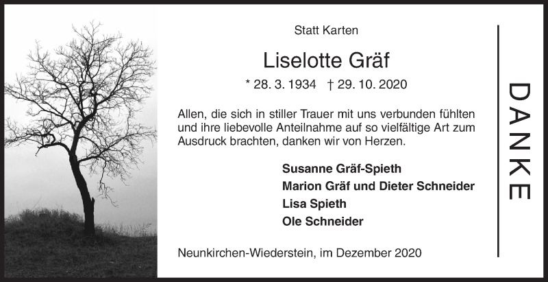  Traueranzeige für Liselotte Gräf vom 02.12.2020 aus Siegener Zeitung