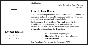 Traueranzeige von Lothar Dickel von Siegener Zeitung
