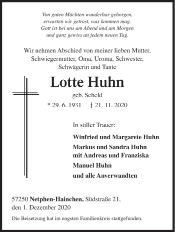Traueranzeige von Lotte Huhn von Siegener Zeitung