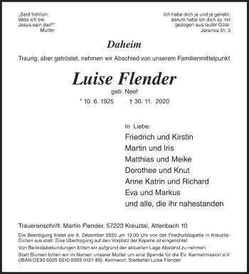 Traueranzeige von Luise Flender von Siegener Zeitung
