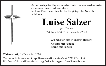 Traueranzeige von Luise Salzer von Siegener Zeitung