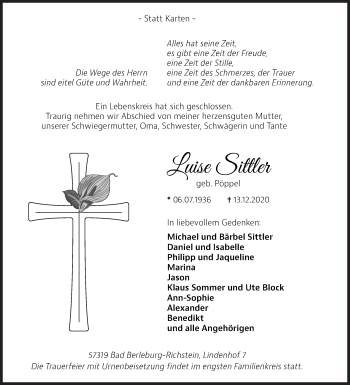 Traueranzeige von Luise Sittler von Siegener Zeitung