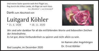 Traueranzeige von Luitgard Köhler von Siegener Zeitung