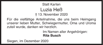 Traueranzeige von Luzia Heß von Siegener Zeitung