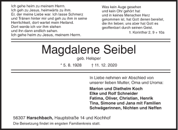 Traueranzeige von Magdalene Seibel von Siegener Zeitung
