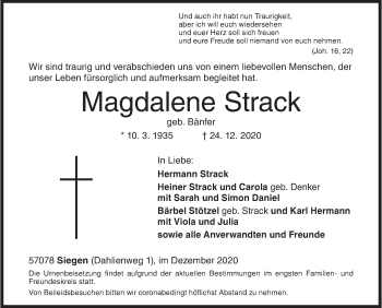 Traueranzeige von Magdalene Strack von Siegener Zeitung
