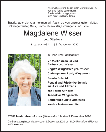 Traueranzeige von Magdalene Wisser von Siegener Zeitung