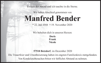 Traueranzeige von Manfred Bender von Siegener Zeitung