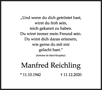 Traueranzeige von Manfred Reichling von Siegener Zeitung