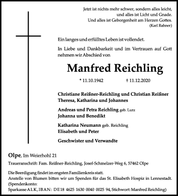 Traueranzeige von Manfred Reichling von Siegener Zeitung