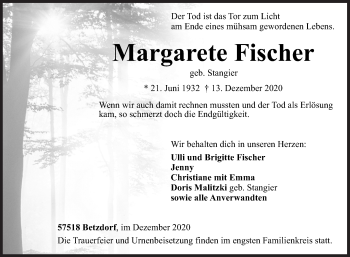Traueranzeige von Margarete Fischer von Siegener Zeitung
