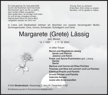 Traueranzeige von Margarete Lässig von Siegener Zeitung