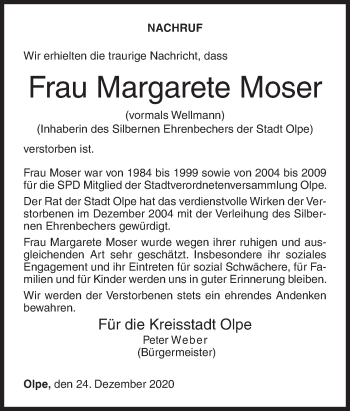 Traueranzeige von Margarete Moser von Siegener Zeitung