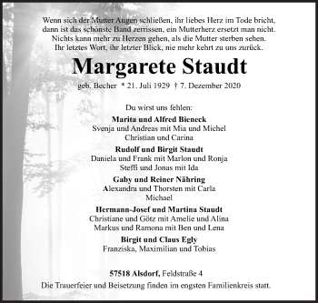 Traueranzeige von Margarete Staudt von Siegener Zeitung