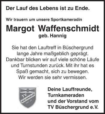 Traueranzeige von Margot Waffenschmidt von Siegener Zeitung