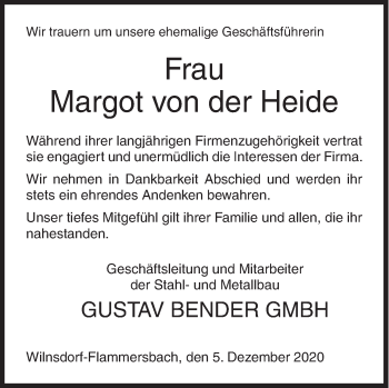 Traueranzeige von Margot von der Heide von Siegener Zeitung