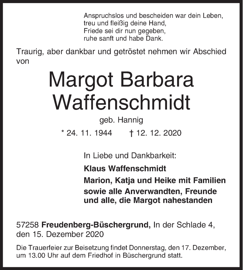  Traueranzeige für Margot Barbara Waffenschmidt vom 15.12.2020 aus Siegener Zeitung