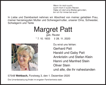 Traueranzeige von Margret Patt von Siegener Zeitung