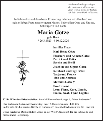 Traueranzeige von Maria Götze von Siegener Zeitung