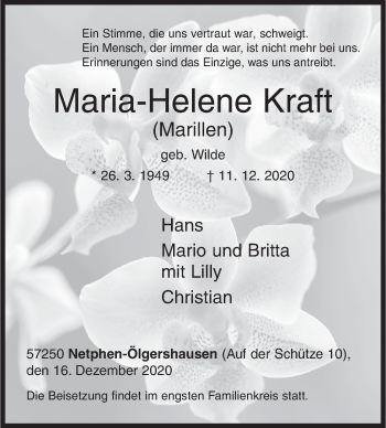 Traueranzeige von Maria-Helene Kraft von Siegener Zeitung