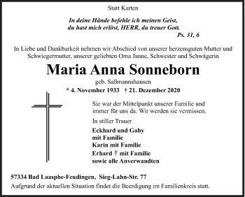 Traueranzeige von Maria Anna Sonneborn von Siegener Zeitung